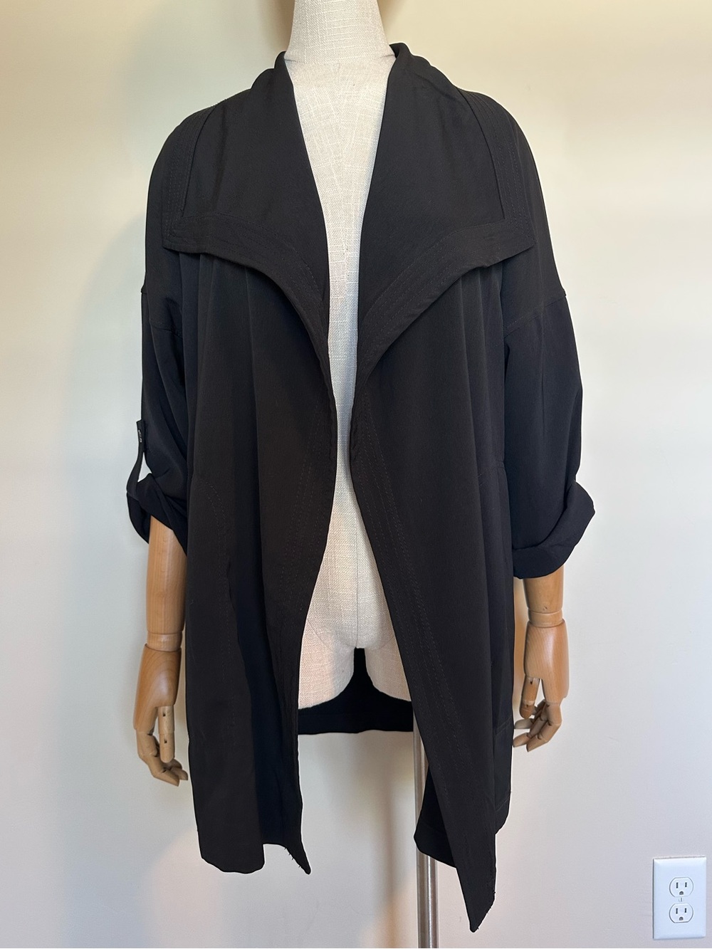 Black Open Front Draped Lightweight Relaxed Oversized Fit Women’s Jacket